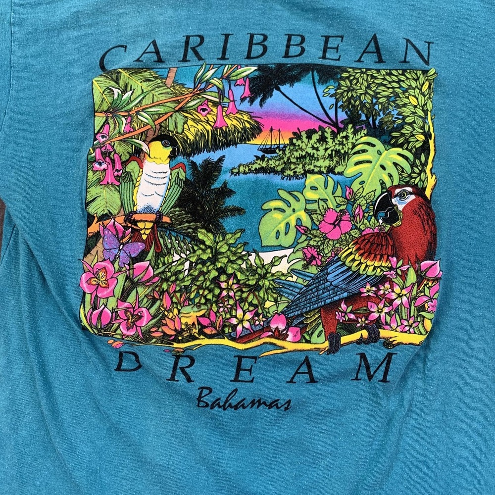 VTG Caribbean Dream Bahamas Shirt Men XL Teal Parrot Palm Tree Single Stitch 80s - Picture 3 of 9
